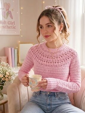 Lauren Ralph Lauren Petite Small Pink Alpaca Blend Open Knit Sweater Soft Girl